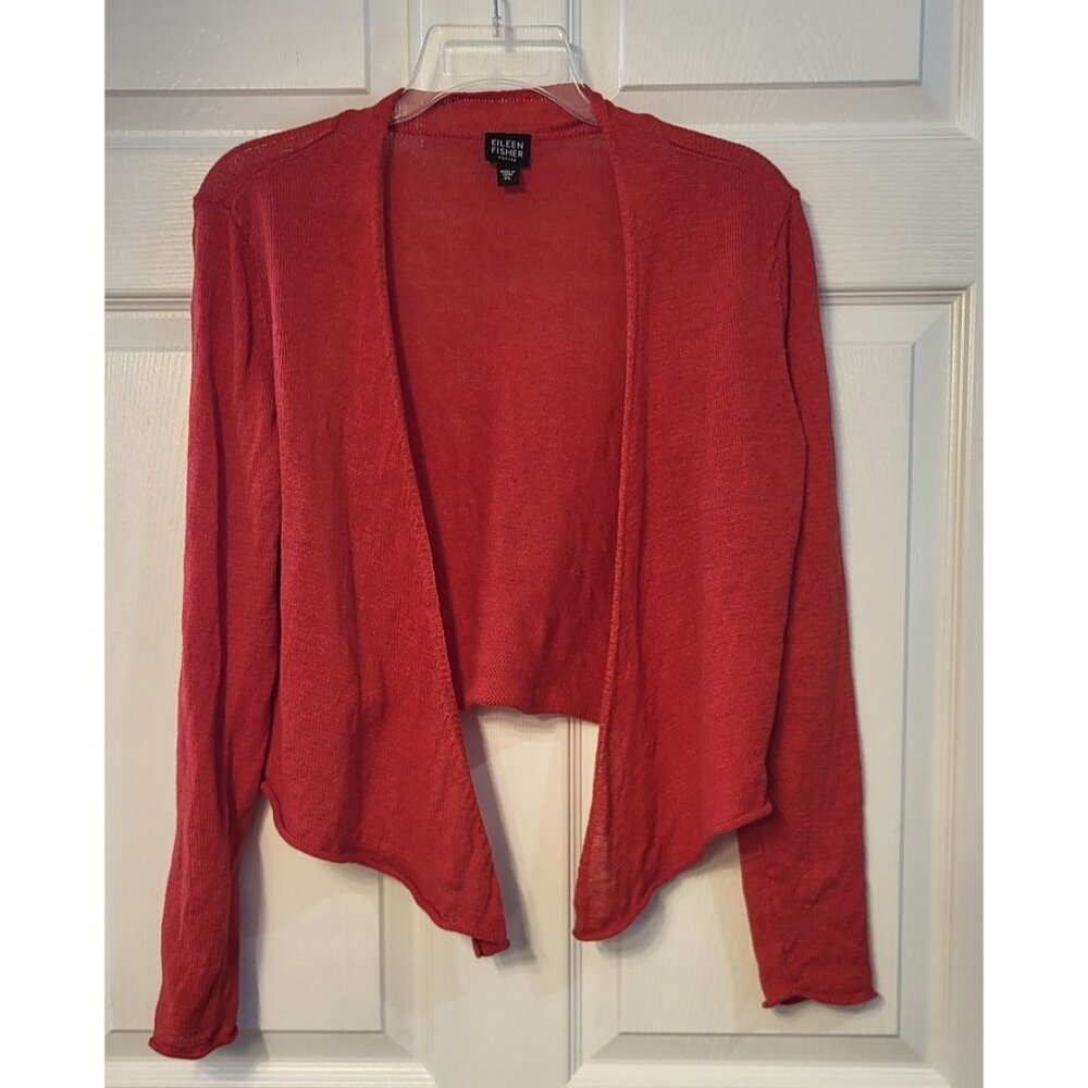 Eileen Fisher Red Linen Open Front Long Sleeve Crop Cardigan PL